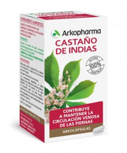 Arkocápsulas castaño de indias (275 mg) - Tratan la insuficiencia venosa y las hemorroides. Vale por tanto para calmar la hinchazón y el edema en las piernas pesadas, las varices y las almorranas. 