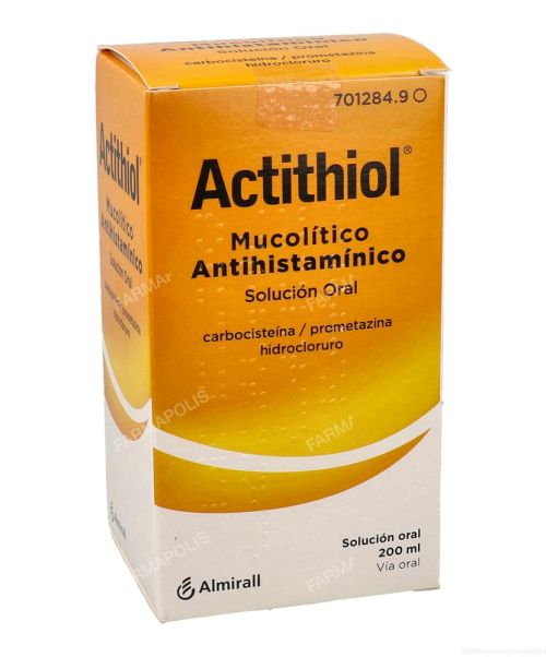 Actithiol mucolitico antihistaminico  - Expectorante y mucolitoco. Es un jarabe a base de carbocisteína y prometazina, expectorante y mucolítico. 