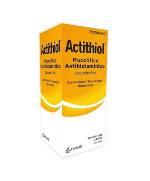 Actithiol mucolitico antihistaminico  - Expectorante y mucolitoco. Es un jarabe a base de carbocisteína y prometazina, expectorante y mucolítico. 