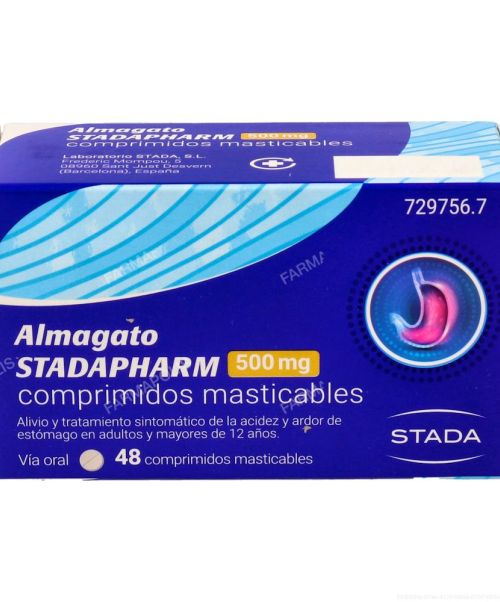 Almagato stadapharm 500mg - Antiácido a base de sales de aluminio y magnesio, que actúan modificando el pH. Trata los procesos que cursen con acidez como gastritis, úlcera, dispepsia o reflujo.