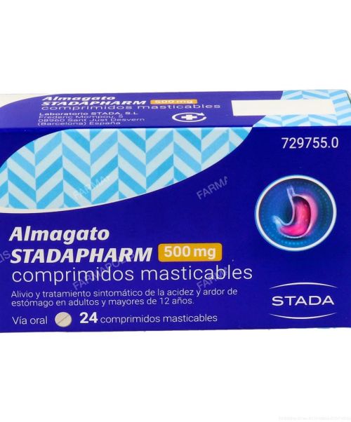 Almagato stadapharm 500mg - Antiácido a base de sales de aluminio y magnesio, que actúan modificando el pH. Trata los procesos que cursen con acidez como gastritis, úlcera, dispepsia o reflujo.