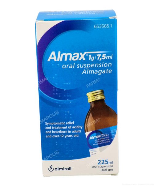 Almax (1 g/7.5 ml) - Es un jarabe antiácido a base de sales de aluminio y magnesio que sirve para  tratar los procesos que cursen con acidez como gastritis, úlcera, dispepsia o reflujo. 