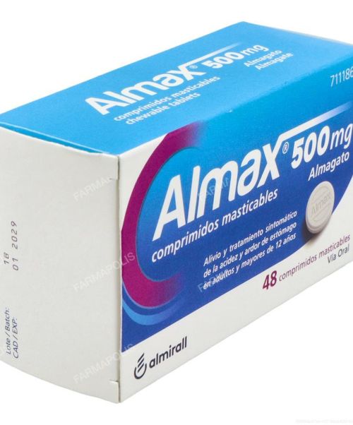 Almax 500 mg - Antiácido a base de  sales de aluminio que actúa modificando el pH o acidez del estómago. Alivia patologías como acidez, gastritis, úlcera, dispepsia o reflujo.