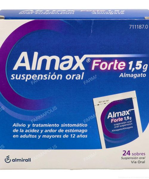 Almax forte 1.5 g  - Son unos sobres antiácidos a base de sales de aluminio y magnesio, que actúan modificando el pH. Tratan los procesos que cursen con acidez como gastritis, úlcera, dispepsia o reflujo. 