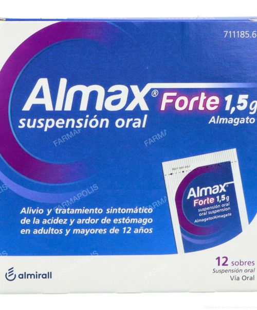 Almax forte 1.5g - Son unos sobres antiácidos a base de sales de aluminio y magnesio. Tratan los procesos que cursen con acidez como gastritis, úlcera, dispepsia o reflujo. 