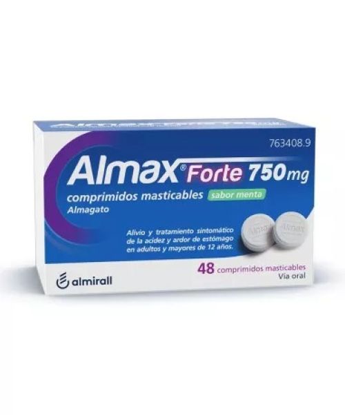 Almax forte 750 mg - Antiácido a base de  sales de aluminio que actúa modificando el pH o acidez del estómago. Alivia patologías como acidez, gastritis, úlcera, dispepsia o reflujo.