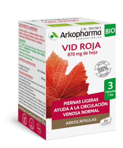 Arkocápsulas vid roja (270 mg) - Tratan la insuficiencia venosa y las hemorroides. Vale por tanto para calmar la hinchazón y el edema en las piernas pesadas, las varices y las almorranas. 