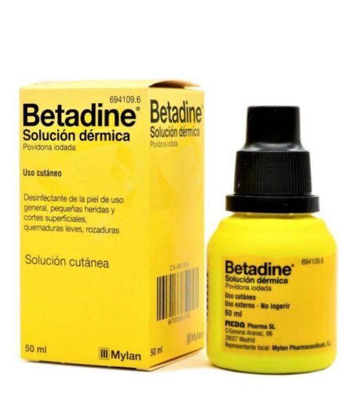 Betadine 100 mg/ml. - Solución que se utiliza para desinfectar pequeñas heridas, cortes superficiales de la piel y quemaduras leves.