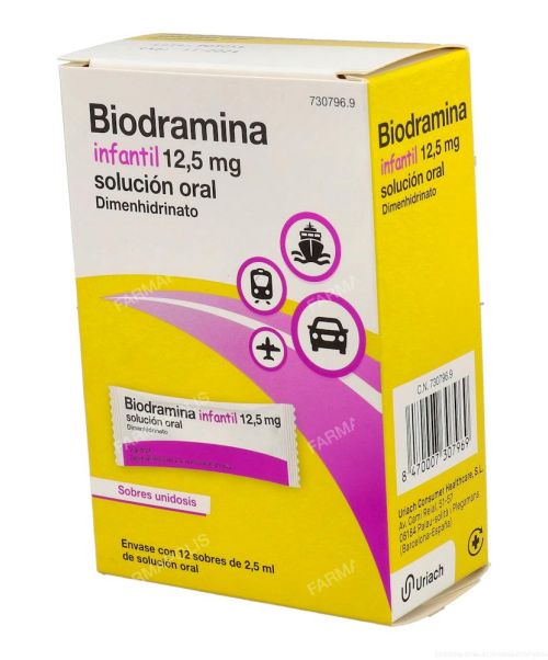 Biodramina infantil 12.5mg - Son unos sobres para evitar el mareo de los niños. Valen para los mareos de los viajes, ya sean en autobús, barco o coche. Evitan las nauseas y los vómitos.