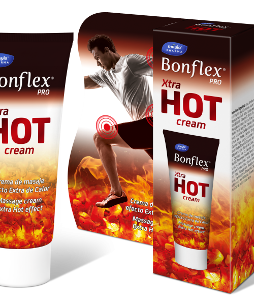 Bonflex Xtra Hot Cream 100ml - gel de masaje con efecto extra calor para articulaciones y músculos.. Recomendado para sobrecargas, esfuerzo físico y deporte. Tiene componentes antiinflamatorios, aporta substancias esenciales para el cuidado de los cartílagos de tus articulaciones.