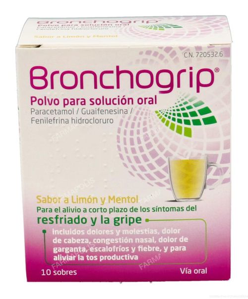 Bronchogrip - Alivia los síntomas de la gripe. Ayuda a disminuir los síntomas de resfriado, fiebre, catarro, rinitis, sinusitis, mocos y malestar general.