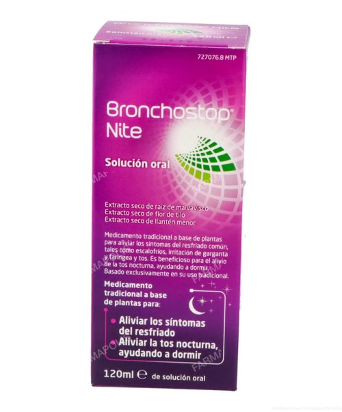 Bronchostop nite - Calma la tos y el picor de garganta a la vez que favorece la eliminación de la mucosidad. Formulación específica para la tos nocturna y los síntomas de los resfriados.