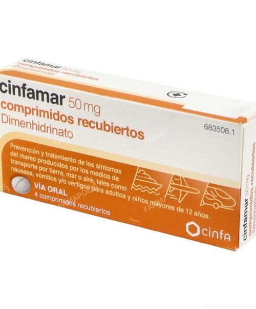 Cinfamar 50 mg - Son unos comprimidos para evitar el mareo. Valen para los mareos de los viajes, ya sean en autobús, barco o coche. Evitan las nauseas y los vómitos.