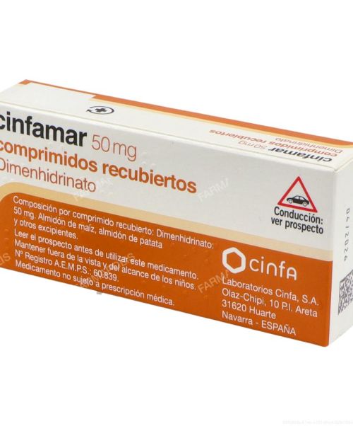 Cinfamar 50mg - Son unos comprimidos para evitar el mareo. Valen para los mareos de los viajes, ya sean en autobús, barco o coche. Evitan las nauseas y los vómitos.