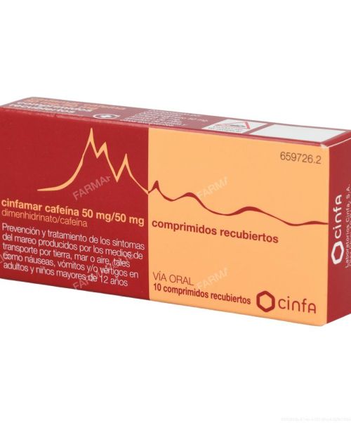 Cinfamar cafeina 50/50 mg - Son unos comprimidos para evitar el mareo. Valen para los mareos de los viajes, ya sean en autobús, barco o coche. Evitan las nauseas y los vómitos y llevan cafeína para contrarrestar la somnolencia que producen.