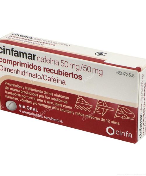 Cinfamar cafeina 50/50 mg - Son unos comprimidos para evitar el mareo. Valen para los mareos de los viajes, ya sean en autobús, barco o coche. Evitan las nauseas y los vómitos y llevan cafeína para contrarrestar la somnolencia que producen.