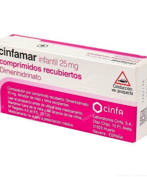 Cinfamar infantil 25mg  - Son unos comprimidos para evitar el mareo de los niños. Valen para los mareos de los viajes, ya sean en autobús, barco o coche. Evitan las nauseas y los vómitos.