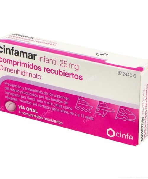 Cinfamar infantil 25mg - Son unos comprimidos para evitar el mareo de los niños. Valen para los mareos de los viajes, ya sean en autobús, barco o coche. Evitan las nauseas y los vómitos.