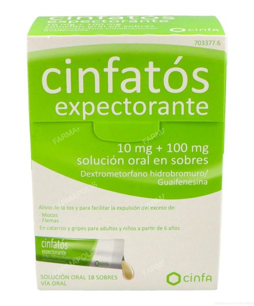 Cinfatos expectorante 10/100mg  - Es un jarabe en monodosis que trata la tos, los mocos y las flemas. El formato monodosis es cómodo para poder llevarlo donde necesitemos.