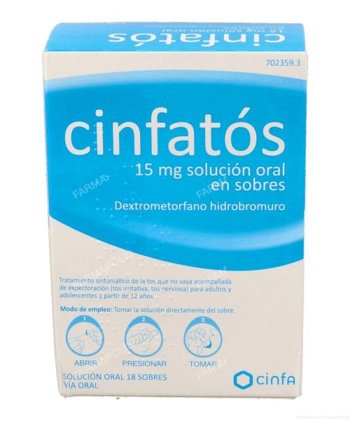 Cinfatos solución oral 15mg - Es una solución oral en monodosis que calma la tos y el picor de garganta. Válidas para la tos seca, nerviosa e irritativa.
