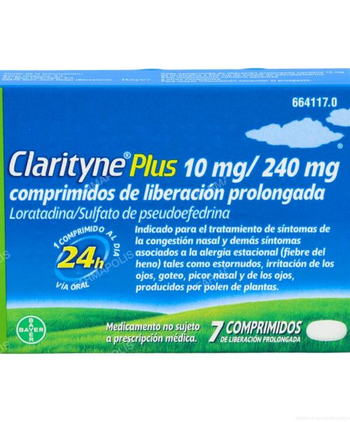 Clarityne plus 10/240 mg   - Clarityne plus 10/240 mg 7 comprimidos de liberación prolongada son unos comprimidos utilizados en la rinitis alérgica y en la congestión nasal.