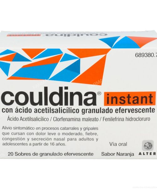 Couldina instant con Ácido Acetilsalicílico - Alivian los síntomas de la gripe. Ayuda a disminuir los síntomas de resfriado, fiebre, catarro, rinitis, sinusitis, mocos y malestar general.