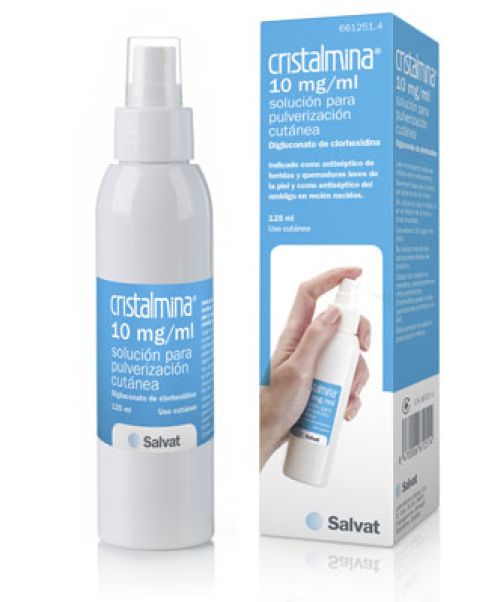 Cristalmina solución para pulverización cutánea - Spray de Clorhexidina indicado en la desinfección de quemaduras leves, pequeñas heridas superficiales y rozaduras.