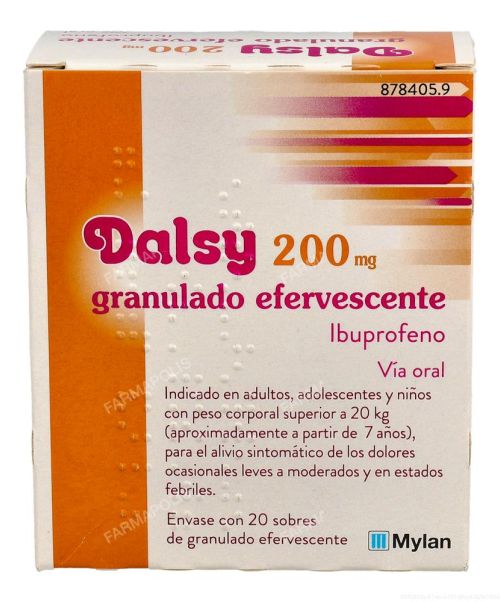 Dalsy 200mg - Antiinflamatorio vía oral (ibuprofeno) para niños para todo tipo de dolores o como antinflamatorio. Dolor de garganta (anginas), dolor de cabeza, fiebre, dolores musculares.