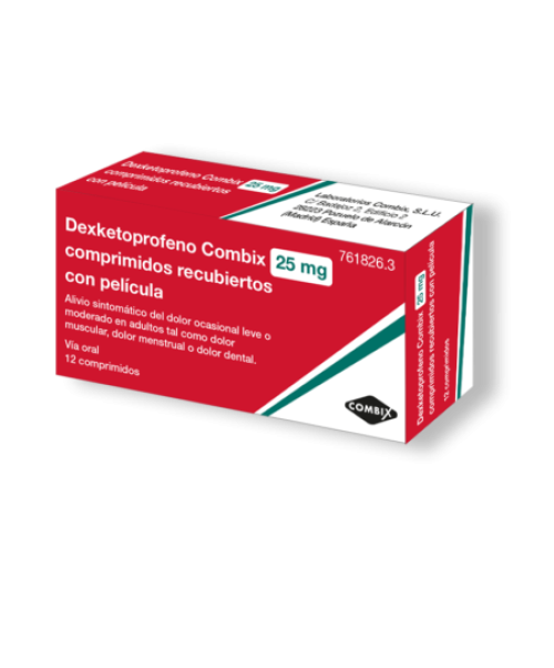 Dexketoprofeno Combix 25mg  - Fármaco antiinflamatorio no esteroide (AINE) utilizado para aliviar dolor, inflamación y fiebre en casos como el dolor de cabeza, dolor dental, dolor menstrual, dolor de espalda, dolor de huesos y articulaciones, entre otros. 