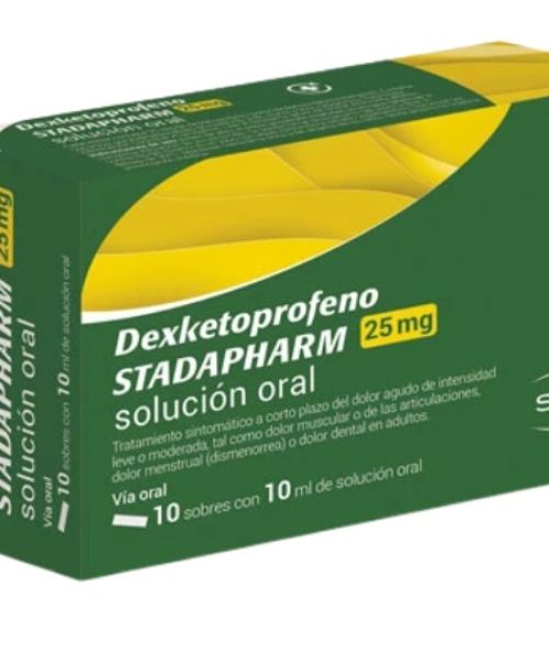 Dexketoprofeno Stadapharm 25 mg  - Dexketoprofeno Stadapharm es un medicamento que contiene el principio activo dexketoprofeno, un fármaco antiinflamatorio no esteroide (AINE) utilizado para aliviar dolor, inflamación y fiebre en casos como el dolor de cabeza, dolor dental, dolor menstrual, dolor de espalda, dolor de huesos y articulaciones, entre otros. 