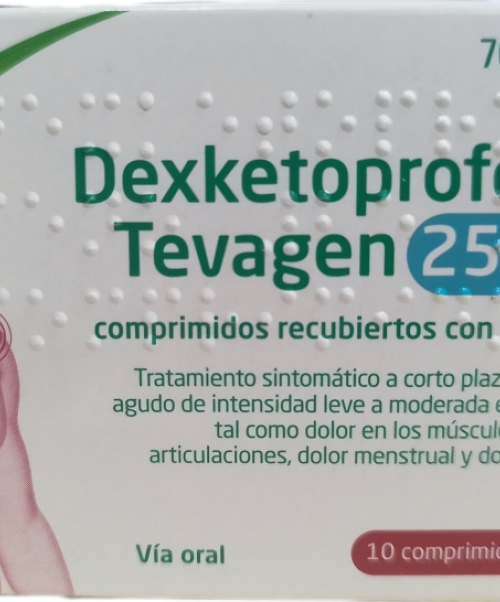 Dexketoprofeno Tevagen 25mg  - Fármaco antiinflamatorio no esteroide (AINE) utilizado para aliviar dolor, inflamación y fiebre en casos como el dolor de cabeza, dolor dental, dolor menstrual, dolor de espalda, dolor de huesos y articulaciones, entre otros. 