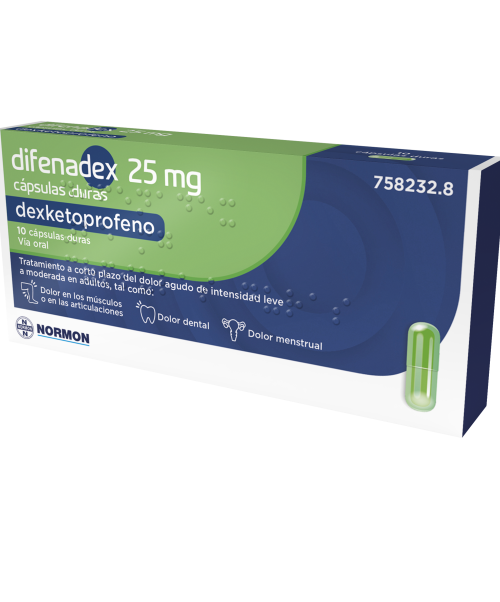 Difenadex 25mg  - Difenadex es un medicamento que contiene el principio activo dexketoprofeno, un fármaco antiinflamatorio no esteroide (AINE) utilizado para aliviar dolor, inflamación y fiebre en casos como el dolor de cabeza, dolor dental, dolor menstrual, dolor de espalda, dolor de huesos y articulaciones, entre otros. 