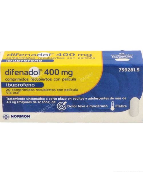 Difenadol 400mg - Antiinflamatorio vía oral (ibuprofeno). Se usan para el dolor de garganta (anginas), dolor de cabeza, fiebre, dolores musculares y menstruales.