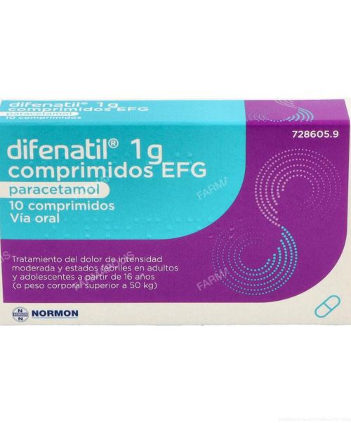 Difenatil 1g - Paracetamol para tratar los diferentes tipos de dolores, bajar la fiebre y calmar el malestar general. Válidos para el dolor de cabeza, de muelas, de boca en general, de regla, de espalda, golpes...