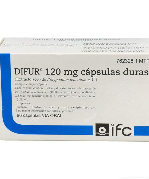 Difur 120 mg - Son unas cápsulas para tratar la dermatitis de la piel que cursa con inflamación leve o moderada de la zona