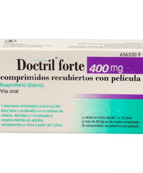 Doctril forte 400 mg - Antiinflamatorio vía oral (ibuprofenocon lisina) . Se usan para el dolor de garganta (anginas), dolor de cabeza, fiebre, dolores musculares y menstruales.