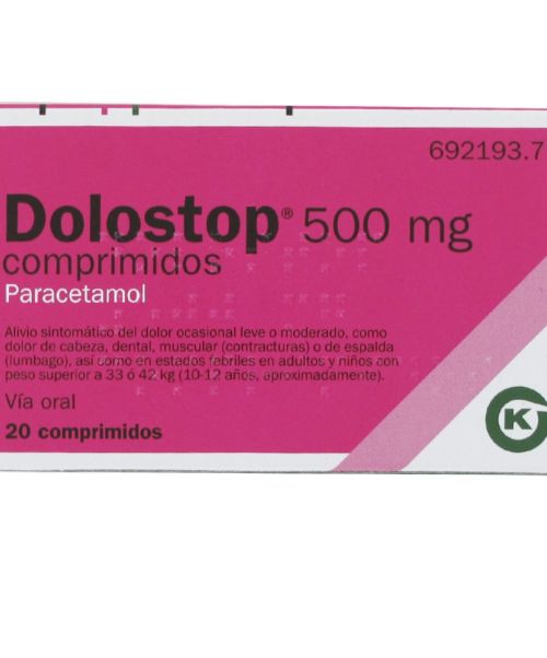 Dolostop 500 mg - Paracetamol para tratar los diferentes tipos de dolores, bajar la fiebre y calmar el malestar general. Válidos para el dolor de cabeza, de muelas, de boca en general, de regla, de espalda, golpes...