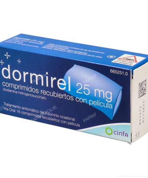 Dormirel 25mg  - Son unos comprimidos que ayudan a tratar la falta de sueño. Su efecto  ayuda a dormir aliviando los problemas de insomnio ocasional.