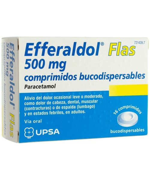 Efferaldol flas 500 mg - Paracetamol para tratar los diferentes tipos de dolores, bajar la fiebre y calmar el malestar general. Válidos para el dolor de cabeza, de muelas, de boca en general, de regla, de espalda, golpes...