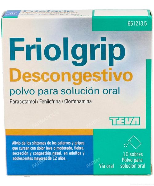 Friolgrip descongestivo - Calman los síntomas de la gripe. Ayuda a disminuir los síntomas de resfriado, fiebre, catarro, rinitis, sinusitis, mocos y malestar general.
