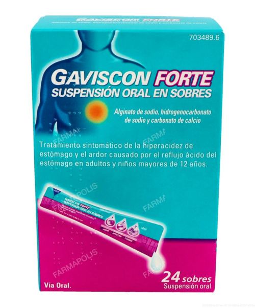 Gaviscon forte - Son unos sobres de suspensión oral que se toman directamente y que actúan modificando el pH del estómago para tratar la acidez gástrica o ardor de estómago. 