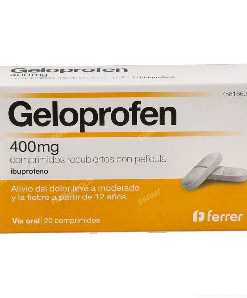 Geloprofen 400mg - Antiinflamatorio vía oral (ibuprofeno). Se usan para el dolor de garganta (anginas), dolor de cabeza, fiebre, dolores musculares y menstruales.