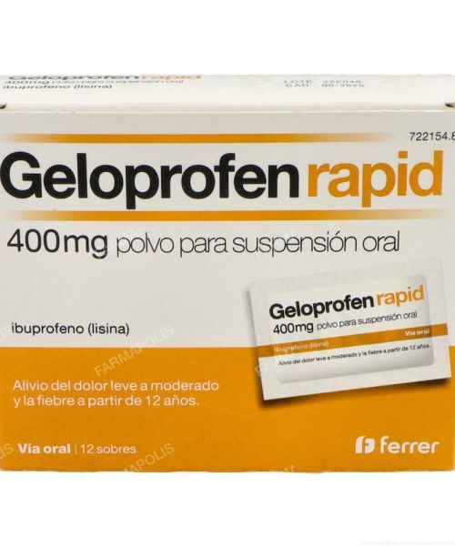 Geloprofen rapid 400 mg - Antiinflamatorio vía oral (ibuprofeno con lisina) . Se usan para el dolor de garganta (anginas), dolor de cabeza, fiebre, dolores musculares y menstruales.