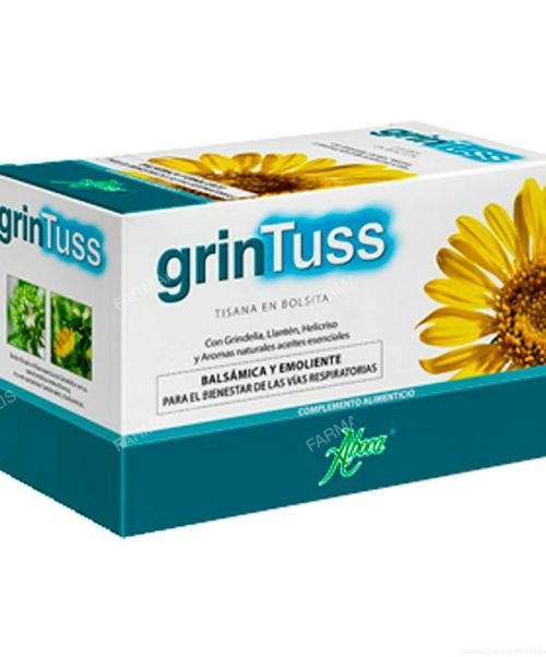 Grintuss Tisana  -  Calma la tos y el picor de garganta a la vez que favorece la eliminación de la mucosidad. Es un producto destinado a aliviar la congestión y molestias de las vía internas, en su contenido incluye Grindelia, Llantén y Helicriso.