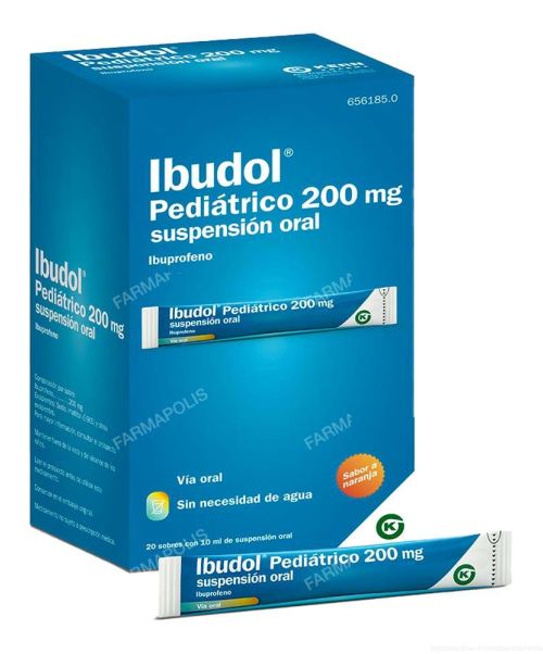 Ibudol Pediatrico 200mg - Antiinflamatorio vía oral (ibuprofeno) para niños. Se usan para el dolor de garganta (anginas), dolor de cabeza, fiebre, dolores musculares.