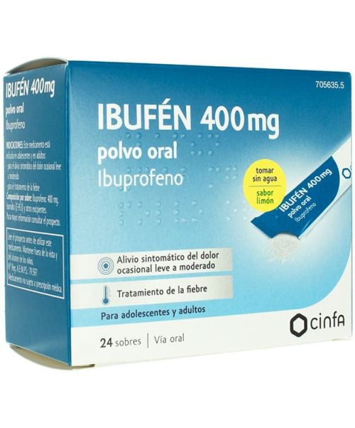 Ibufen 400mg - Antiinflamatorio vía oral (ibuprofeno) . Se usan para el dolor de garganta (anginas), dolor de cabeza, fiebre, dolores musculares y menstruales.