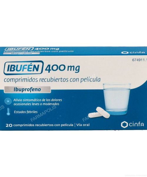 Ibufen 400mg - Antiinflamatorio vía oral (ibuprofeno) . Se usan para el dolor de garganta (anginas), dolor de cabeza, fiebre, dolores musculares y menstruales.