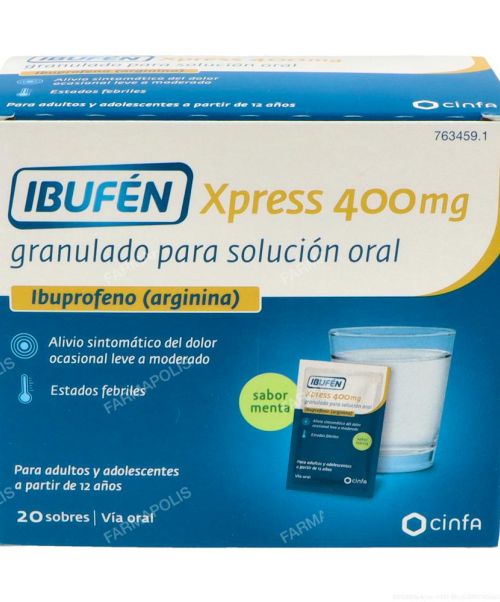 Ibufen Xpress 400mg - Antiinflamatorio vía oral. Se usan para el dolor de garganta (anginas), dolor de cabeza, dolores musculares y menstruales.