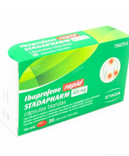 Ibuprofeno rapid stadapharm 400mg - Son unas cápsulas blandas de ibuprofeno. Son tanto antiinflamatorios como antipiréticas por lo que pueden usarse como antiinflamatorias para diferentes dolores, como para bajar la fiebre.