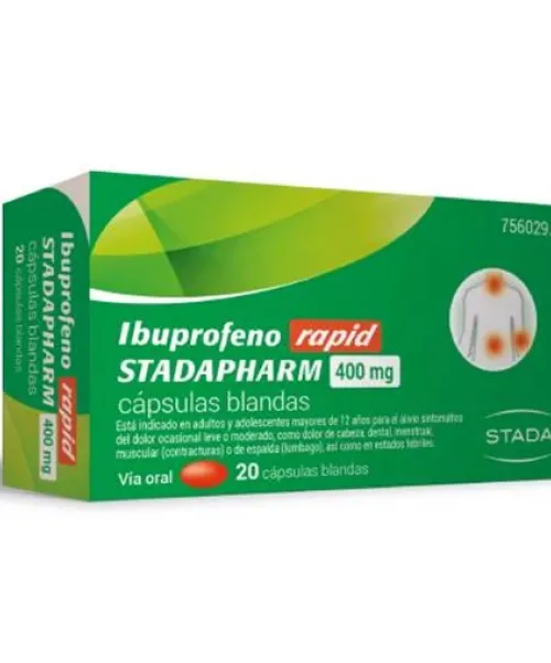 Ibuprofeno rapid stadapharm 400mg - Son unas cápsulas blandas de ibuprofeno. Son tanto antiinflamatorios como antipiréticas por lo que pueden usarse como antiinflamatorias para diferentes dolores, como para bajar la fiebre.